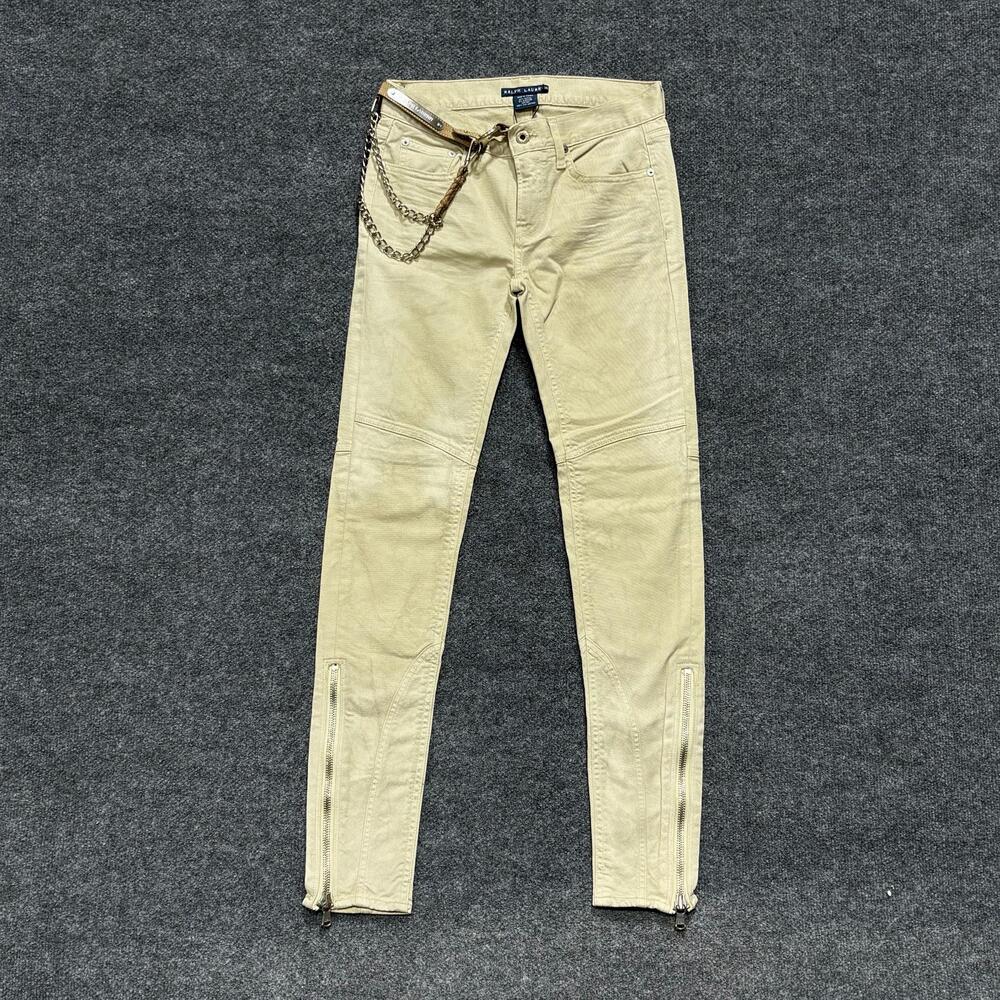 Ralph Lauren Jeans Womens 26 Beige Skinny Belted Ankle Zip Moto Pants Denim
